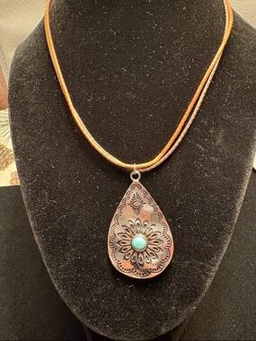 Handcrafted Teardrop Pendant Necklace Turquoise Accent on a Brown leather cord